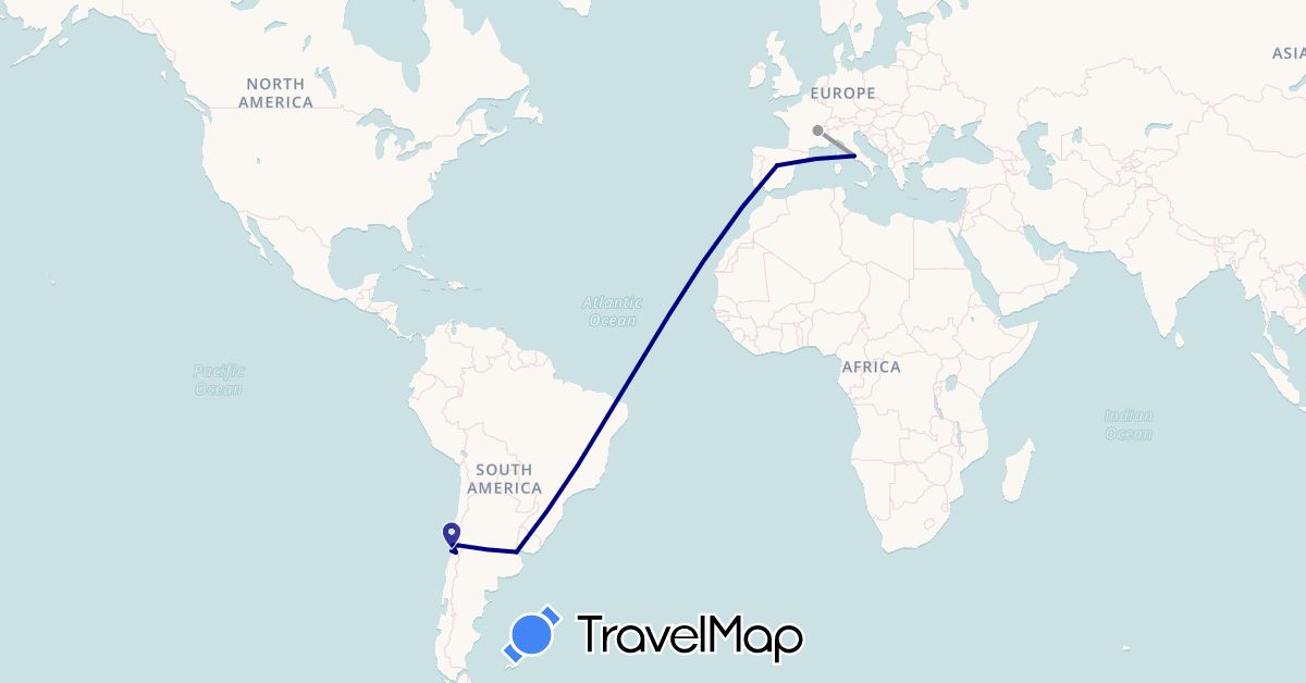 TravelMap itinerary: driving, plane in Argentina, Chile, Spain, France, Italy (Europe, South America)